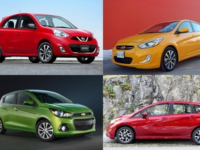 Clockwise from top left: Nissan Micra, Hyundai Accent, Nissan Versa Note, Chevrolet Spark.