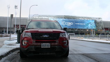 The 2016 Ford Explorer Sport in front of Cobo Hall in Detroit.