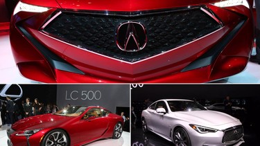 Debuts from the 2016 Detroit auto show include the Acura Precision Concept, top, the Lexus LC 500, bottom left, and the new Infiniti Q60.