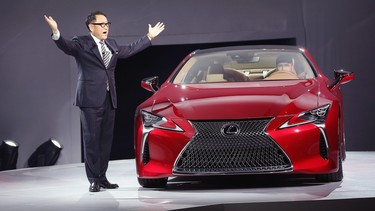 Akio Toyoda, president and CEO of Toyota Motor Corporation, introduces the Lexus LC 500 coupe at the North American International Auto Show on January 11, 2016 in Detroit, Michigan.