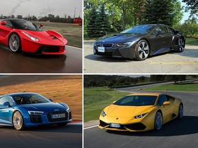 Clockwise from top left: The Ferrari LaFerrari, BMW i8, Lamborghini Huracan, and Audi R8.
