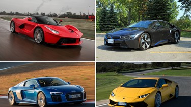 Clockwise from top left: The Ferrari LaFerrari, BMW i8, Lamborghini Huracan, and Audi R8.