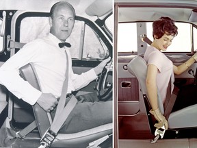 Three-point seatbelt inventor Nils Bohlin is pictured, left