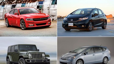 Clockwise from top left are the Dodge Charger, Honda Fit, Toyota Prius V, and Jeep Wrangler.