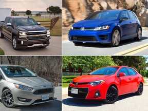 Clockwise from top left, the Chevrolet Silverado, Volkswagen Golf R, Toyota Corolla, and Ford Focus.
