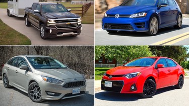 Clockwise from top left, the Chevrolet Silverado, Volkswagen Golf R, Toyota Corolla, and Ford Focus.