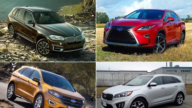 Clockwise from top left: the BMW X5, Lexus RX 450h, 2016 Kia Sorento, and Ford Edge.
