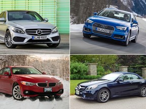 Clockwise from top left are the Mercedes-Benz C-Class, Audi A4, Mercedes-Benz E-Class, and BMW 4 Series.