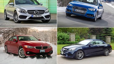 Clockwise from top left are the Mercedes-Benz C-Class, Audi A4, Mercedes-Benz E-Class, and BMW 4 Series.