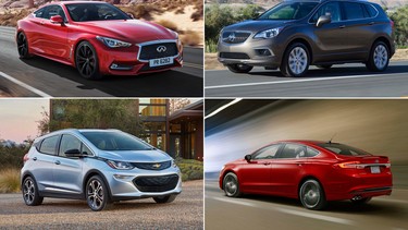 Clockwise from top left is the Infiniti Q60, Buick Envision, Ford Fusion Sport and Chevrolet Bolt.