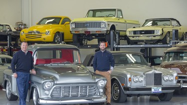 Moray Keith and son Greg with '55 Chevy pickup and 1980 Rolls Royce.