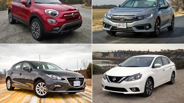 Clockwise from top left: Fiat 500X, Honda Civic, Nissan Sentra and Mazda3.