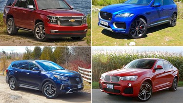 Clockwise from top left: Chevrolet Tahoe, Jaguar F-Pace, BMW X4, Hyundai Santa Fe XL.