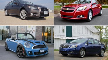 Clockwise from top left: 2013 Lexus GS, 2013 Chevrolet Malibu, 2013 Buick Verano, 2013 Mini Cooper John Cooper Works convertible.