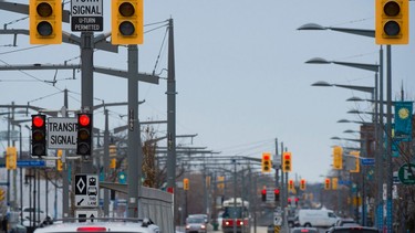 A set of three traffic lights along St. Clair Avenue in Toronto, Monday April 6, 2015.