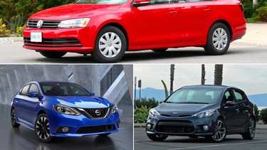 At top, the 2016 Volkswagen Jetta 1.4 TSI, the 2016 Nissan Sentra, lower left, and the 2016 Kia Forte.