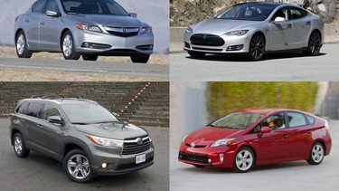 Clockwise from top left: Acura ILX hybrid, Tesla Model S, Toyota Prius, Toyota Highlander Hybrid.