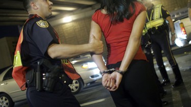 Officer Kevin Millan from the City of Miami Beach police department arrests a woman after she failed a field sobriety test at a DUI checkpoint December 15, 2006 in Miami, Florida. According to police, the woman failed a breathalyzer test by blowing into the device and receiving two readings one at .190 the other .183, which is twice the legal limit in Florida.