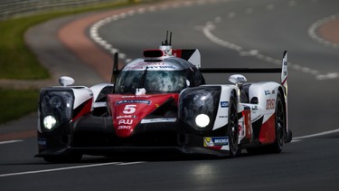 The number 5 Toyota TS050 LMP1 hybrid-electric race car at the 24 Hours of Le Mans.