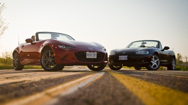 The ND-generation Mazda MX-5 Miata alongisde its NB predecessor.