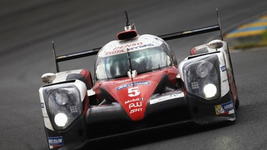 Toyota Gazoo Racing of Sebastien Buemi, Anthony Davidson and Kamui Kobayashi drives during the Le Mans 24 Hour race at the Circuit de la Sarthe on June 19, 2016 in Le Mans, France.