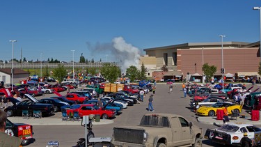 An overview of the First Alliance Church Show 'n'  Shine, including the burnout box. In years past, drivers passing by on Deerfoot Trail have called the fire department, thinking the church is on fire. Show organizers always let the department know what's going on well in advance.