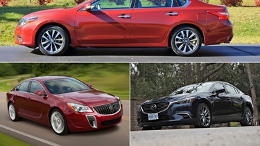 The Nissan Altima, top, Buick Regal, bottom left, and Mazda6.