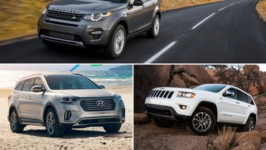 The Land Rover Sport Discovery, at top, the Hyundai Santa Fe XL, bottom left, and the Jeep Grand Cherokee.