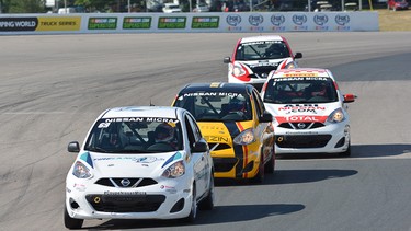 Stefan Rzadzinski leads a pack during the Nissan Micra Cup race at Canadian Tire Motorsport Park on July 10, 2016