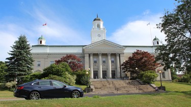 The 2016 Chevrolet Malibu in front of Acadia University Hall in Wolfville, N.S.