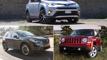 The 2016 Toyota RAV4, top, Mazda CX-5, bottom left, and the Jeep Patriot.