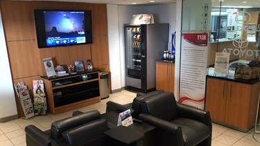 Customers who choose to wait while their vehicle is being serviced at Taylor Automotive Group do so in comfort in an inviting waiting lounge featuring iPads, TV, coffee and even muffins. Large windows overlook the service area so customers can view the work being done.