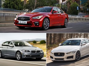The 2016 Infiniti Q50, top, the BMW 5 Series, bottom left, and the Jaguar XE.
