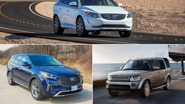 The 2016 Volvo XC60, top, Land Rover LR4, bottom right, and Hyundai Santa Fe XL.