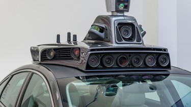 In this file photo, the cameras on a pilot model of an Uber self-driving car are displayed at the Uber Advanced Technologies Center in Pittsburgh, Pennsylvania. In the future, autonomous cars could very well do automatic internet searches on everyone you pass.