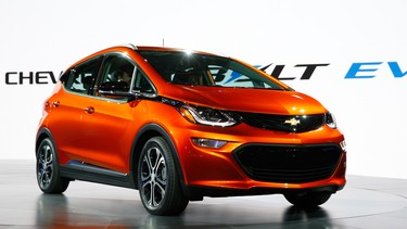 In this Monday, Jan. 11, 2016, file photo, the Chevrolet Bolt EV debuts at the North American International Auto Show in Detroit.