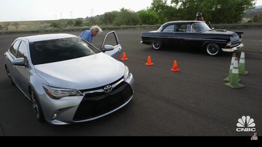 Jay Leno and his "wife's" Toyota Camry faces off against Tim Allen and his "stock" 1955 Ford in a questionably fair drag race.