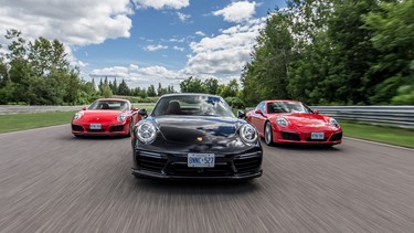 From left: 2017 Porsche 911 Carrera 4S, 911 Turbo S, and 911 Carrera, at Calabogie Motorsport Park in Ontario.