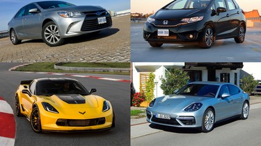 Clockwise from top left: Toyota Camry, Honda Fit, Porsche Panamera, Chevrolet Corvette Z06.