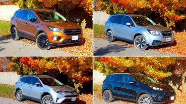 Clockwise from top left: Ford Escape, Subaru Forester, Kia Sportage and Toyota RAV4 Hybrid.