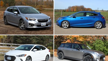 Clockwise from top left: Subaru Impreza, Chevy Cruze hatchback, Mini Cooper Clubman, Hyundai Elantra