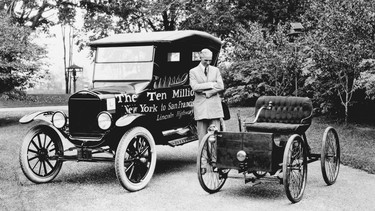 Henry Ford with the first car he built, and the 10 millionth Model T.