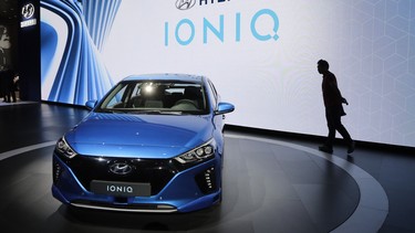 The 2017 Hyundai Ioniq Electric is on display during the Los Angeles Auto Show.