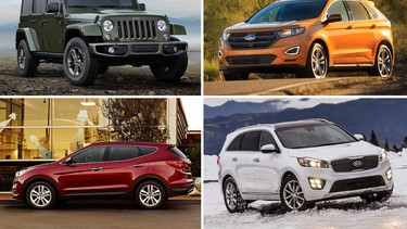 From top left, clockwise: Jeep Wrangler, Ford Edge,  Kia Sorento, Hyundai Santa Fe Sport