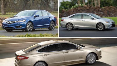 From top left, clockwise: Acura ILX, Toyota Camry, Ford Fusion Hybrid