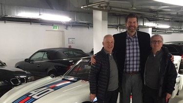 From left, Marshall Myles, Rich Patterson and David George in the underground parking area of the Porsche Museum in Stuttgart, Germany -- a bucket-list desire come true.
