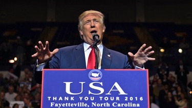 U.S. President Donald Trump speaks at the Crown Coliseum in Fayetteville, North Carolina.