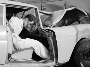 A Mercedes-Benz 220 crash-tested at 138 km/h in 1960.