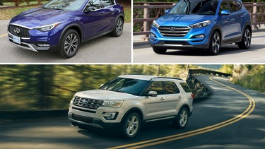 From top left, clockwise: Infiniti QX30, Hyundai Tucson, Ford Explorer