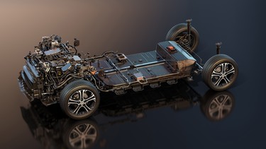 The flat battery pack spans the entire length of the Chevrolet Bolt's floor and is integrated into the chassis.